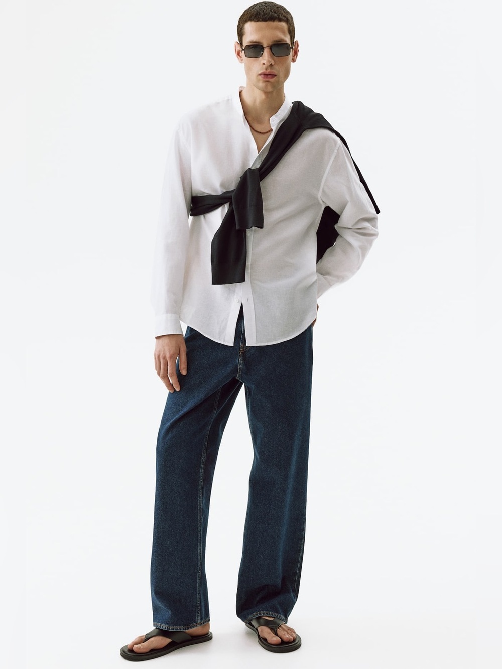 H&M White Casual Button-Down Shirt with Black Sweater Accent